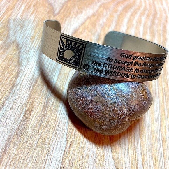 The Serenity Prayer Embossed Brushed Stainless Steel Unisex Cuff Bracelet. - Picture 2 of 4